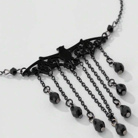 “Victorian Bat” Black Lacey Chandelier Tassel Trim Fancy Gothic Elegant Necklace - Picture 2 of 7